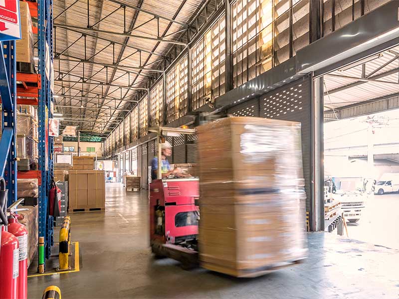 Forklift in warehouse carrying pallets